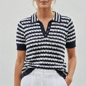 Kaily K Pointelle Crochet Knit Striped Polo Shirt M
